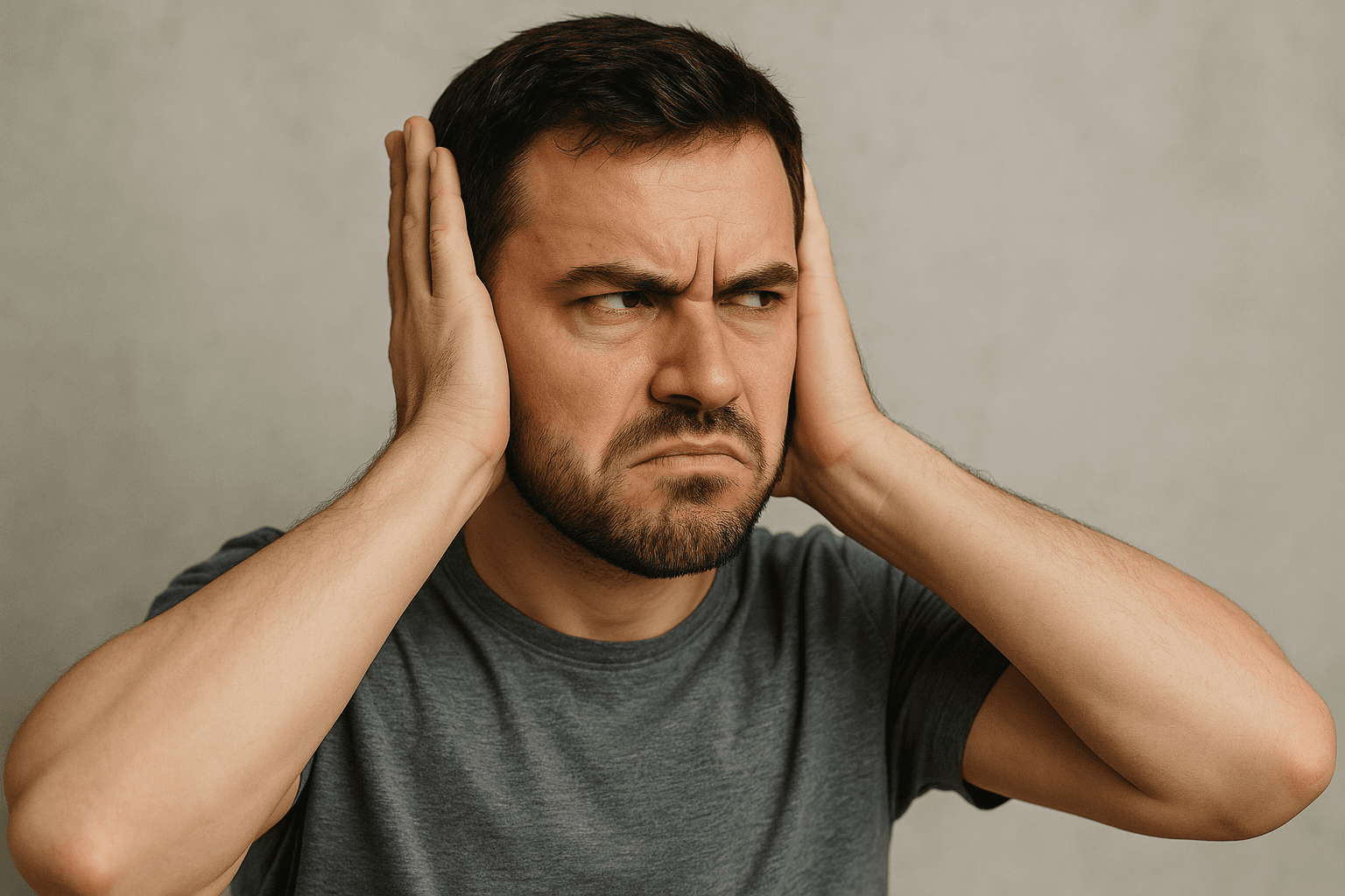 A man covering his ears as if refusing to listen